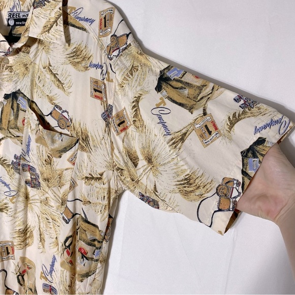 Vintage Reel Monde New Line Tan Cream Tourist Print Short Sleeve Casual Top XL - Picture 9 of 14